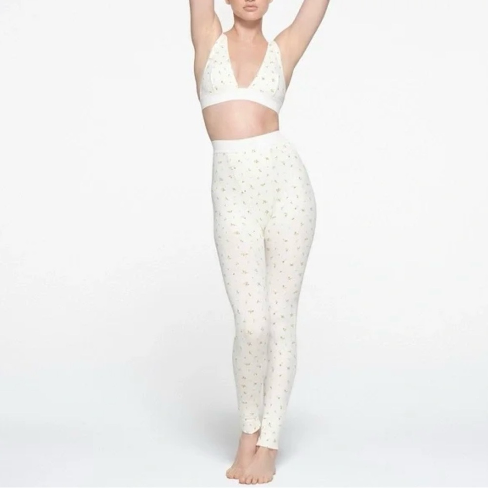 Skims Leggings Cream Floral Marigold Ribbed Knit Cotton Limited Edition Sz Small